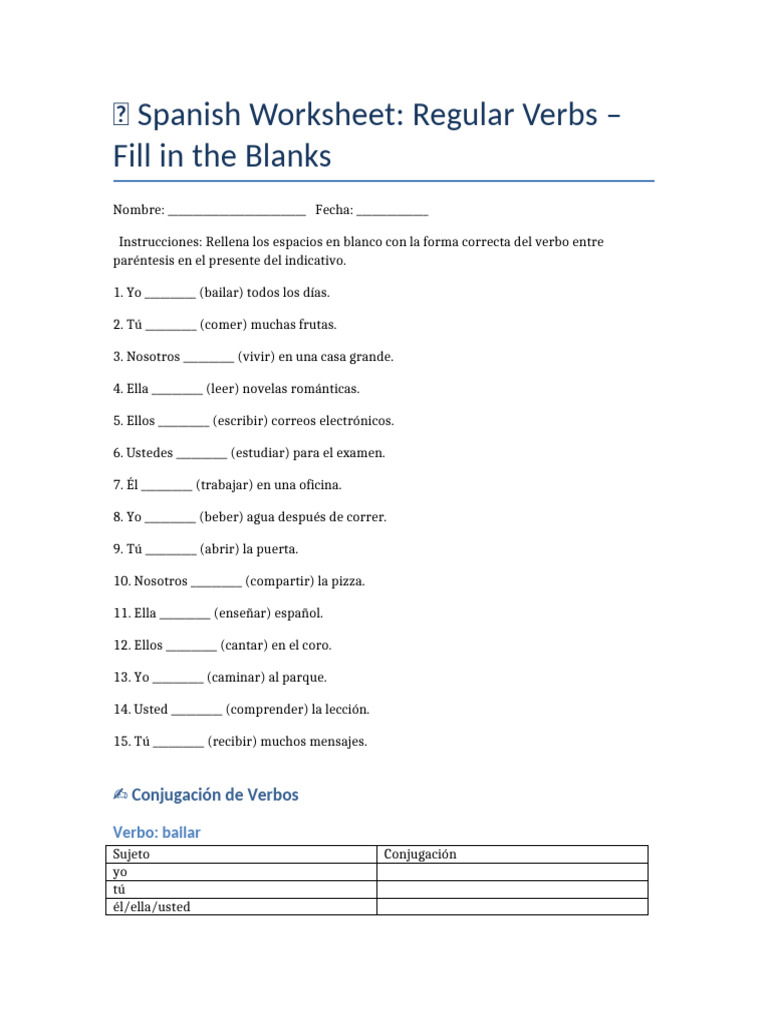 Spanish Regular Verbs Fillable Worksheet | PDF