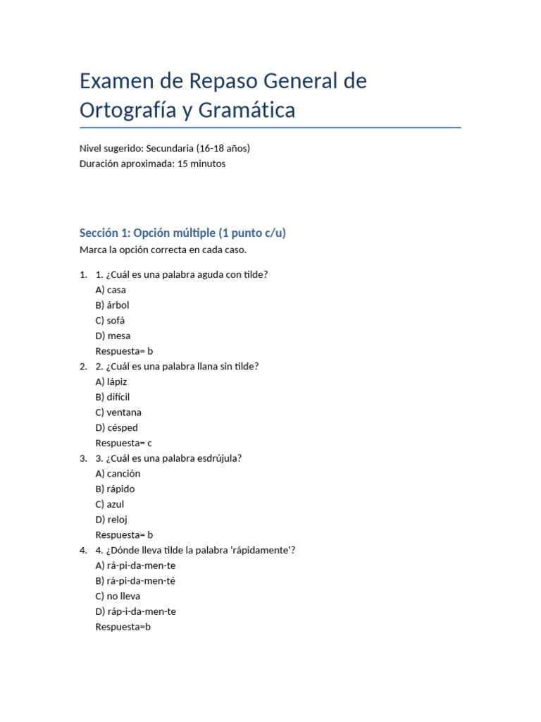 Examen de Ortografía y Gramática Secundaria | PDF