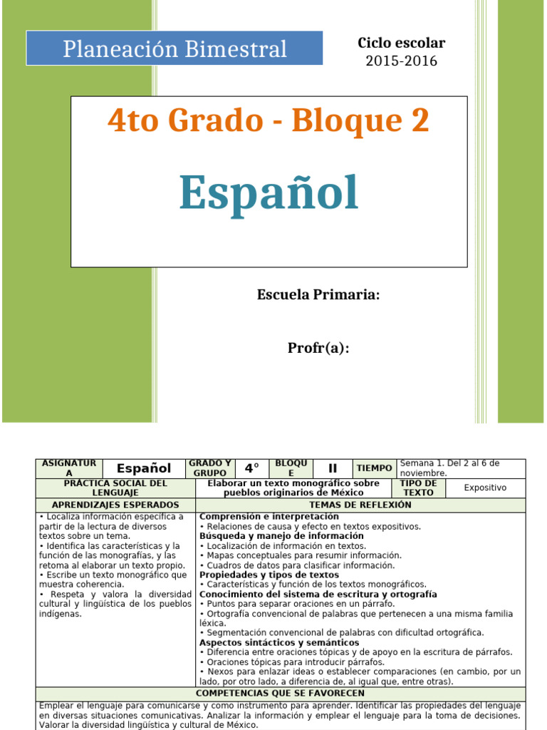 Plan 4to Grado - Bloque 2 Español | PDF | Palabra | Adverbio