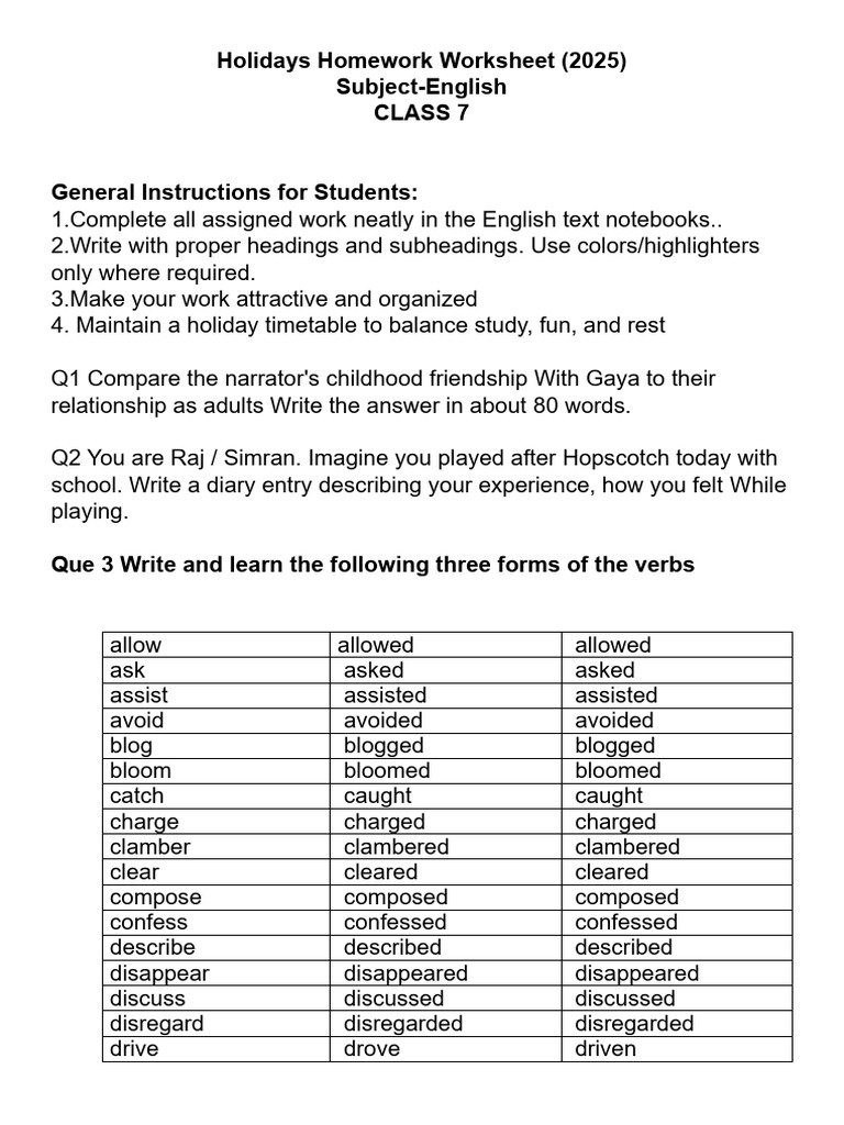 Class 7 English Holiday Homework 2025 | PDF