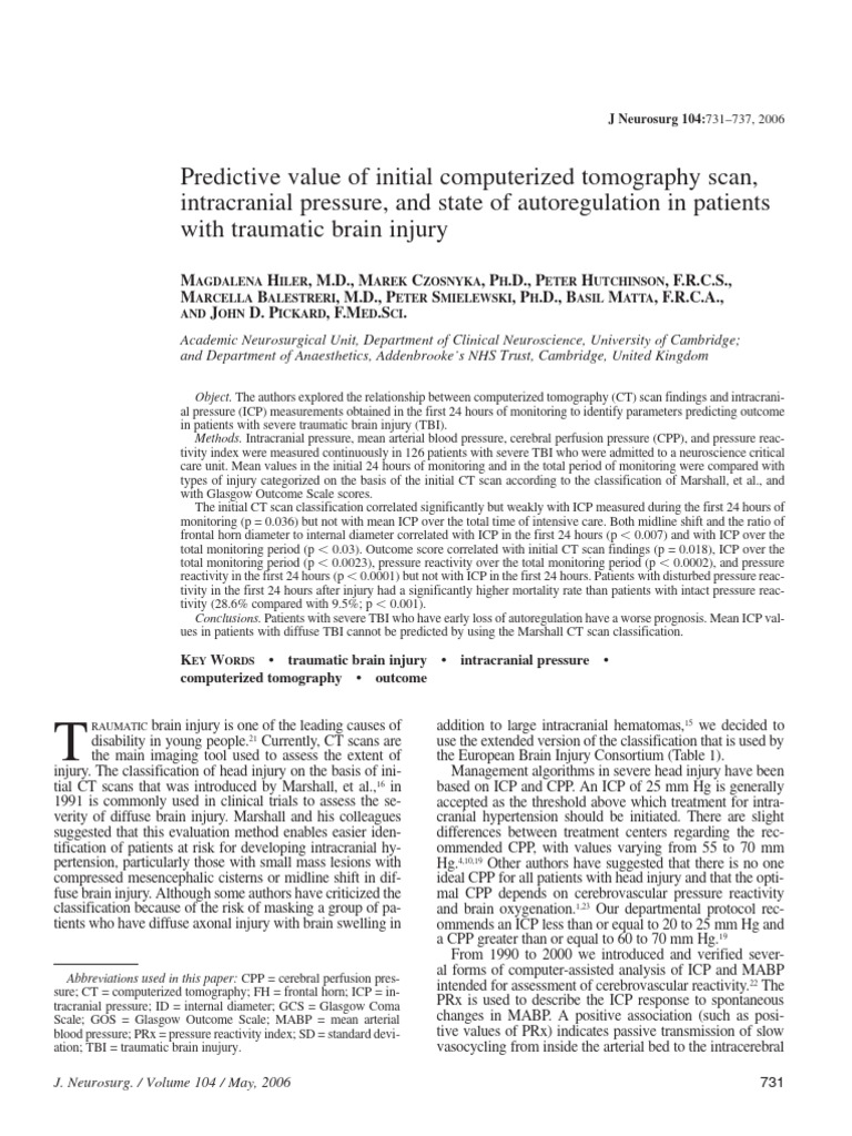 CT Scan and ICP in Traumatic Brain Injury | PDF | Traumatic Brain ...