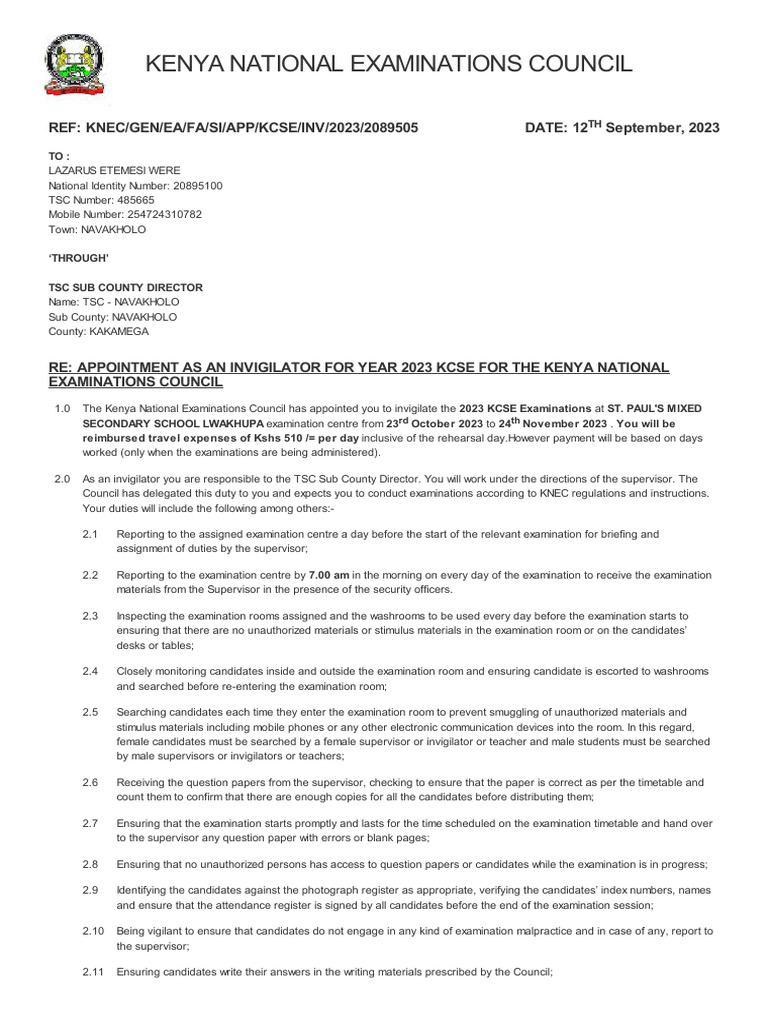 KNEC 2023 KCSE Invigilator Appointment | PDF