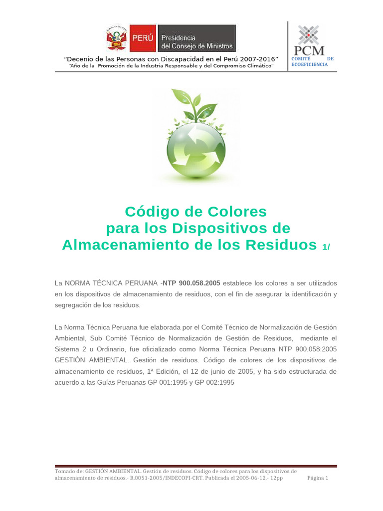 Codigo de Colores - NTP 900 058 2005 | PDF | Residuos | Reciclaje