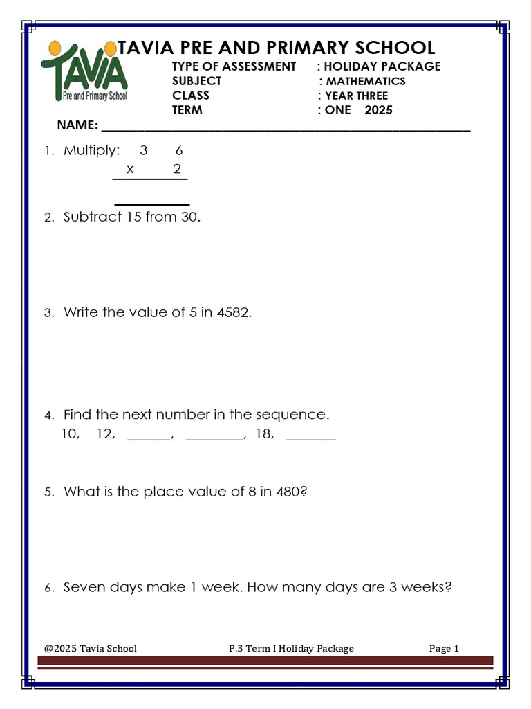 Year 3 Mathematics Holiday Package | PDF | Mathematics | Arithmetic
