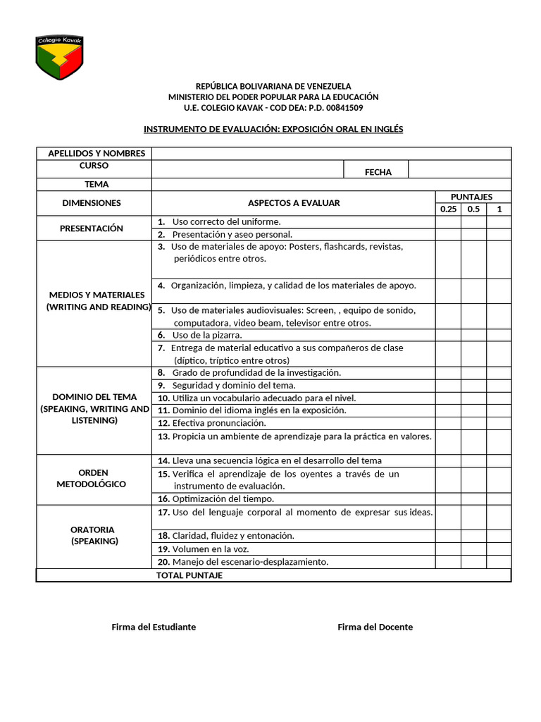 Instrumento de Evaluacion Ingles 4to Año | PDF | Aprendizaje