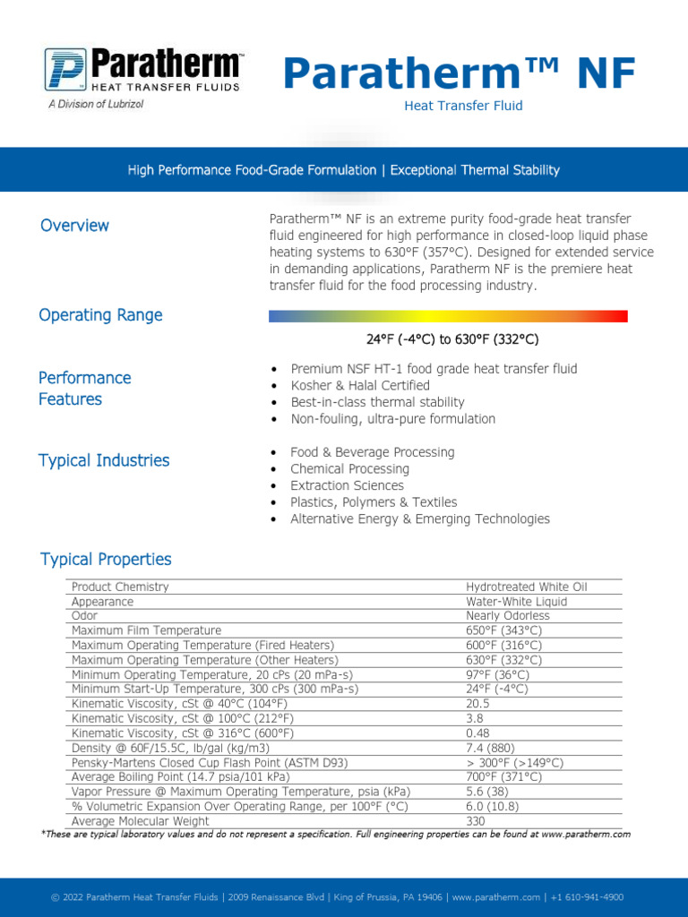 Paratherm NF: Food-Grade Heat Fluid | PDF | Viscosity | Heat Transfer