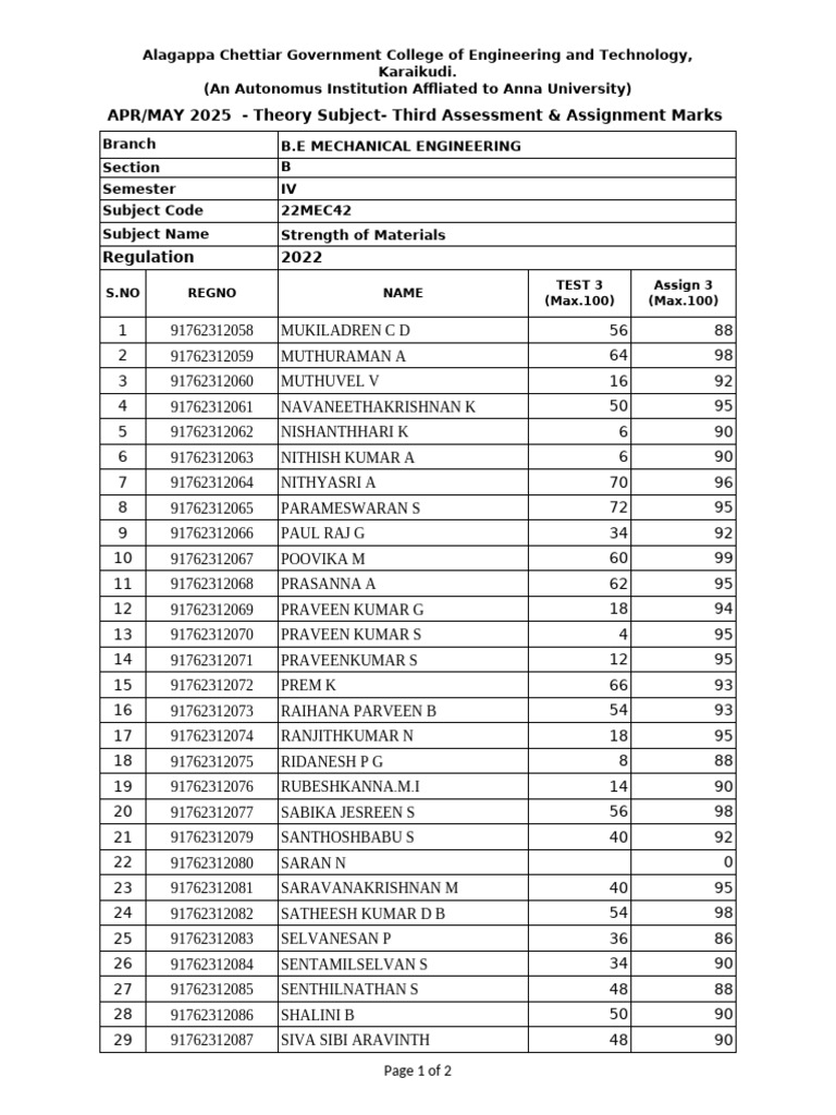 Mechanical Engineering Assessment Marks | PDF
