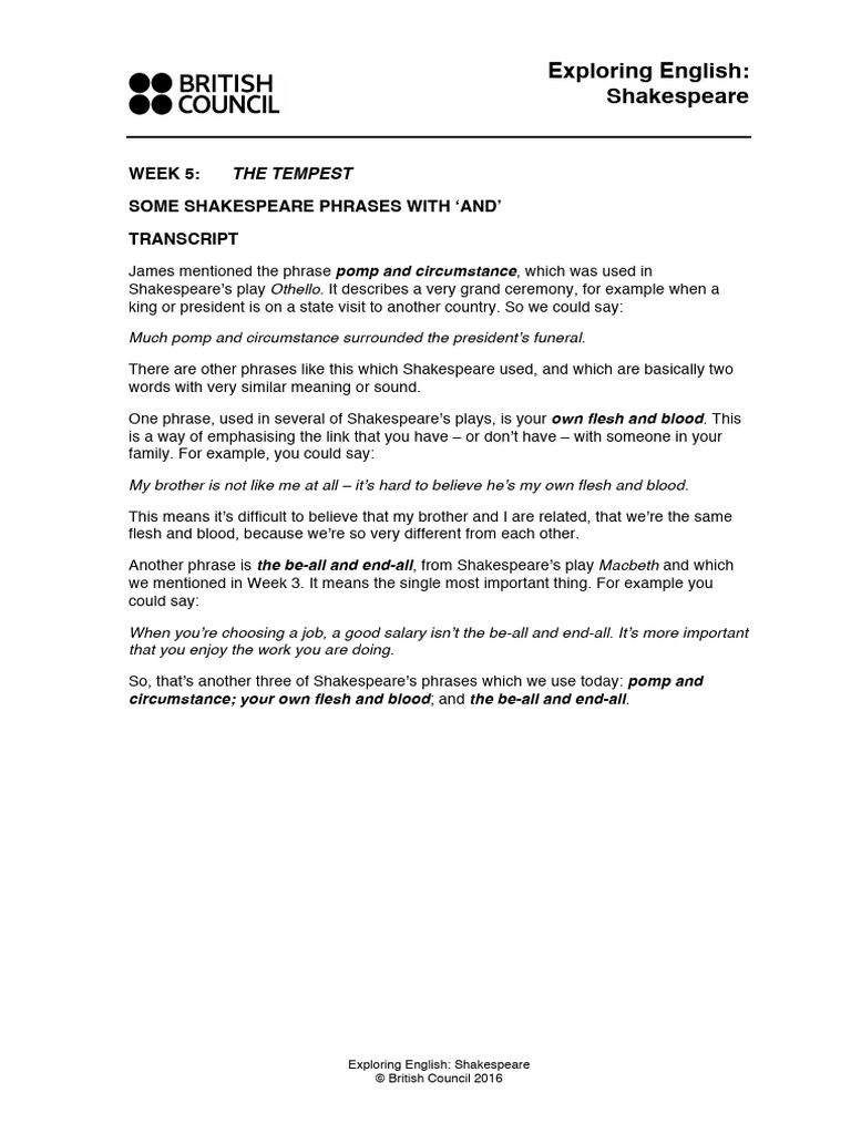 Phrases With and - Transcript. Exploring English-Shakespeare | PDF