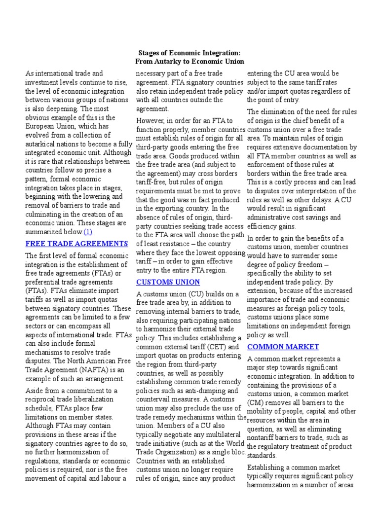 Stages of Economic Integration Explained | PDF | Single Market ...
