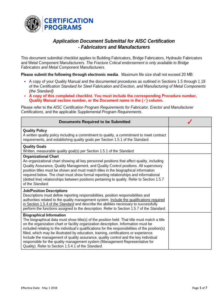 AISC Certification Submission Checklist | PDF | Welding | Construction