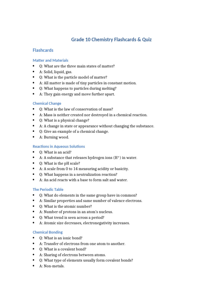 Grade 10 Chemistry Study Guide | PDF