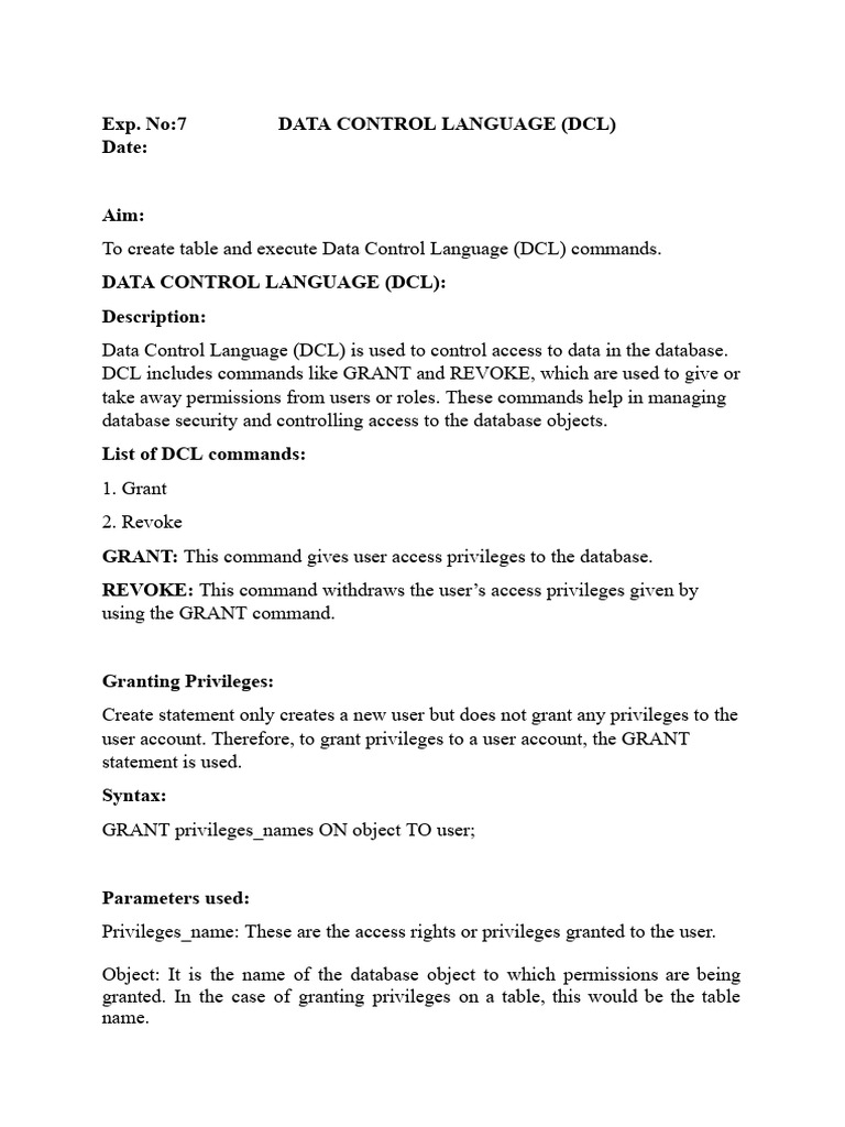 DCL Commands for Database Access Control | PDF