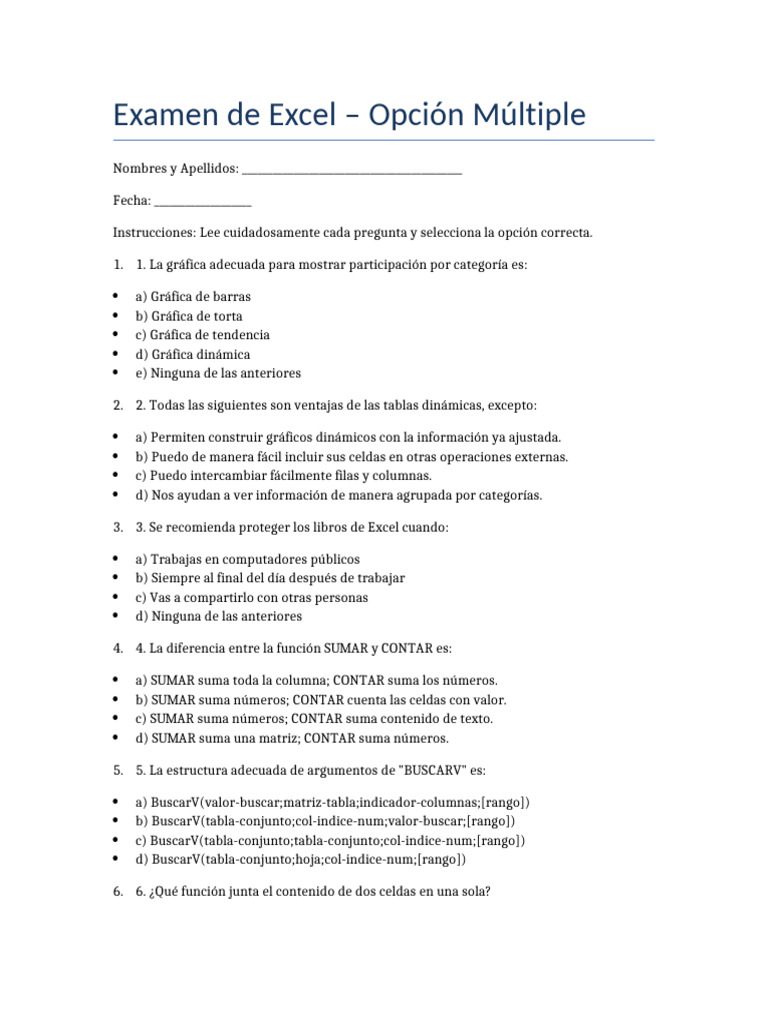 Examen de Excel: Opción Múltiple | PDF | Microsoft Excel | Informática
