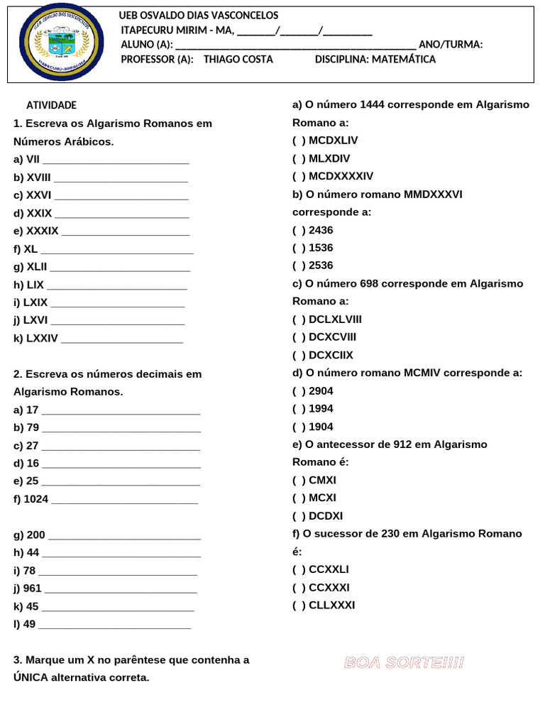 Atividade Algarismo Romano Imprimir 2 Bim | PDF