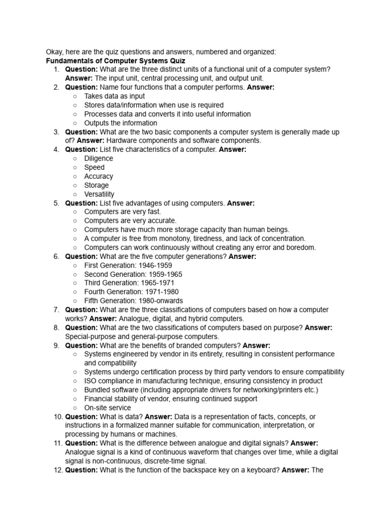 Computer Systems Quiz Questions & Answers | PDF | Input/Output ...