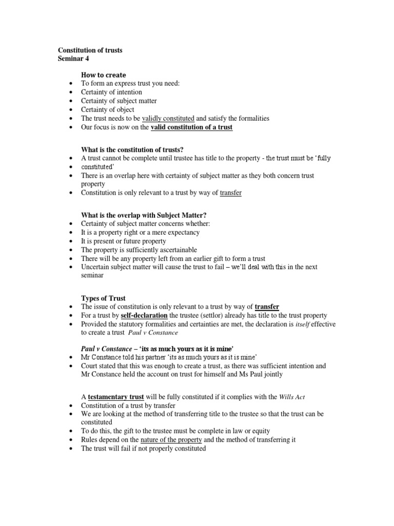 Constitution of Trusts Trust Law English Trust Law