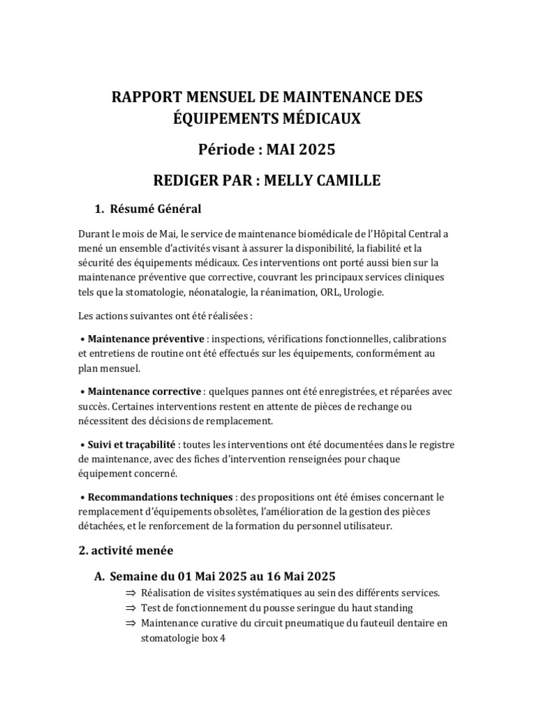 Rapport de Maintenance Équipements Mai 2025 | PDF