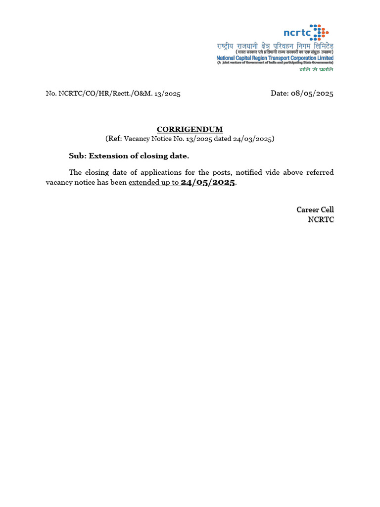 NCRTC Operations Maintenance Staff Recruitment 2025 Notification ...