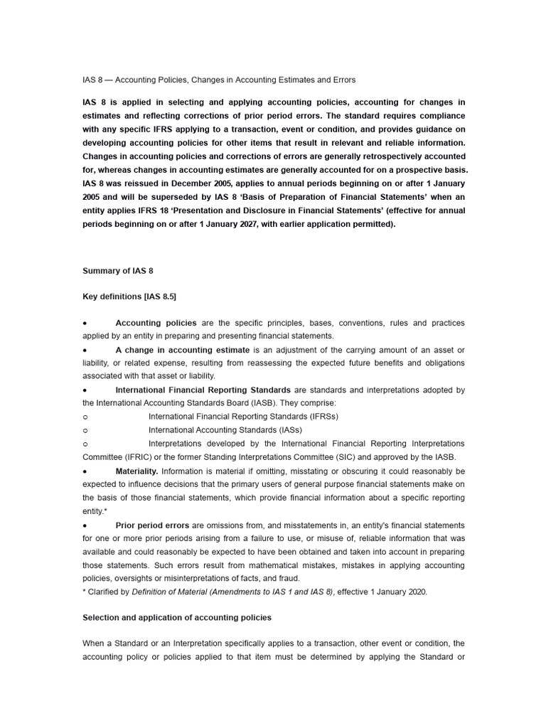 IAS 8 Accounting Policies Changes in Accounting Estimates and Errors ...