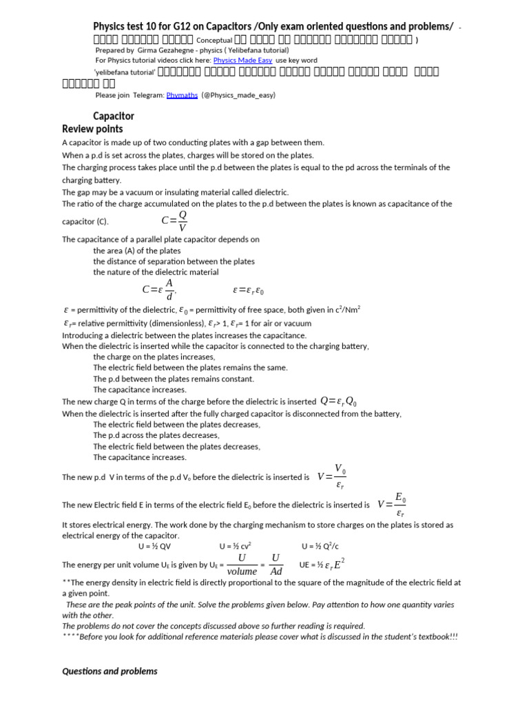 G12 Physics Test on Capacitors | PDF | Capacitance | Capacitor