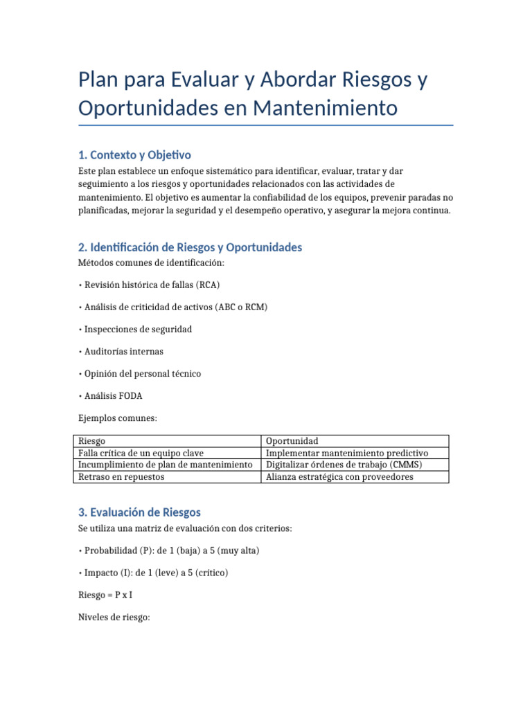 Plan de Gestión de Riesgos en Mantenimiento | PDF | Ingeniería de ...