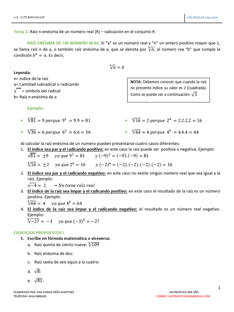 Guia De 3 Año Raiz Enesima Pdf Raíz Cuadrada Exponenciación