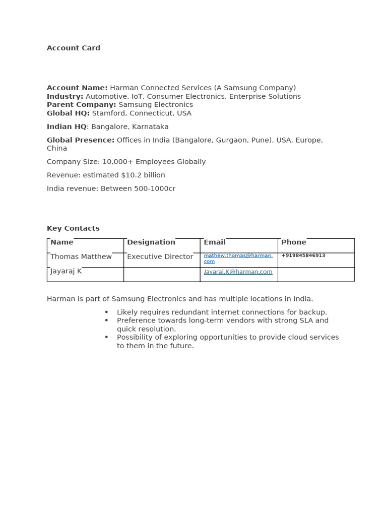 Account Card - Harman | PDF