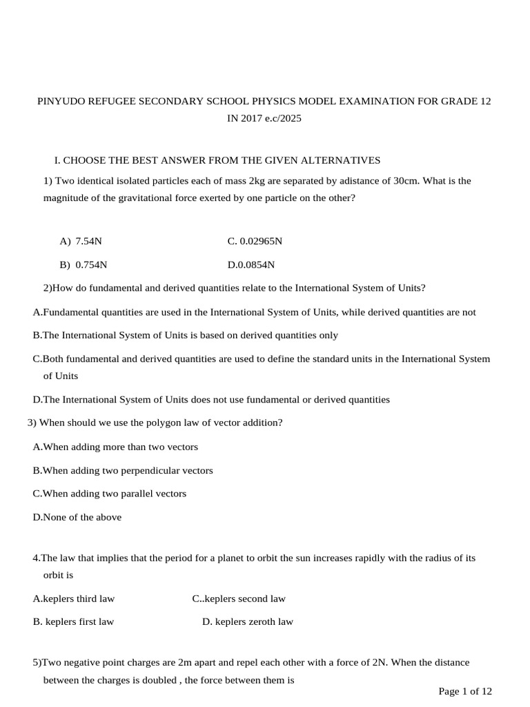 Grade 12 Physics Model Exam 2017 | PDF | Force | Acceleration