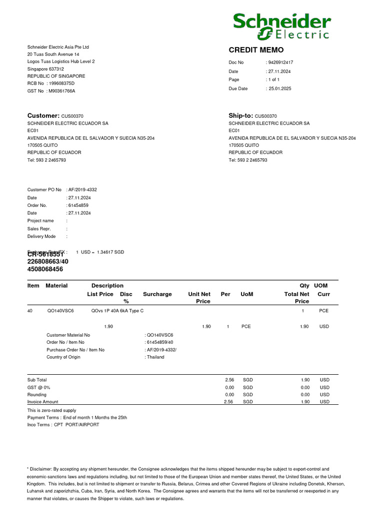 Schneider Electric Credit Memo 9426912417 | PDF | Trade