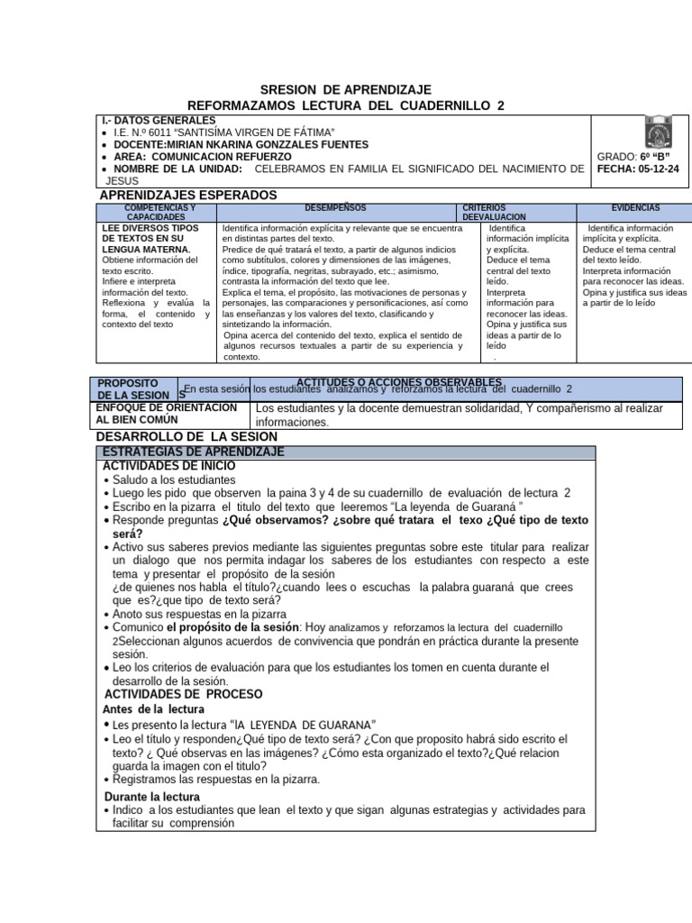 Sresion de Aprendizaje Cuadernillo | PDF | Aprendizaje | Ciencia cognitiva