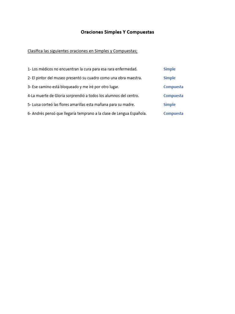 Ejercicios de Oraciones Simples y Compuestas | PDF