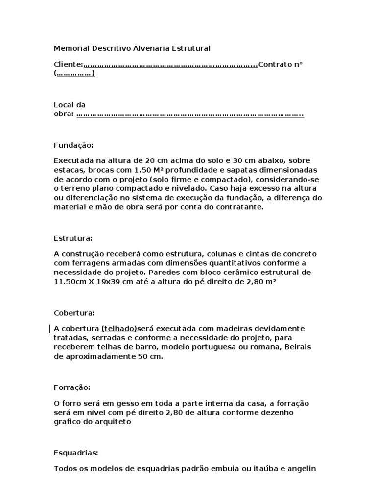 Memorial Descritivo Alvenaria Estrutural | PDF | Chuveiro | Materiais ...