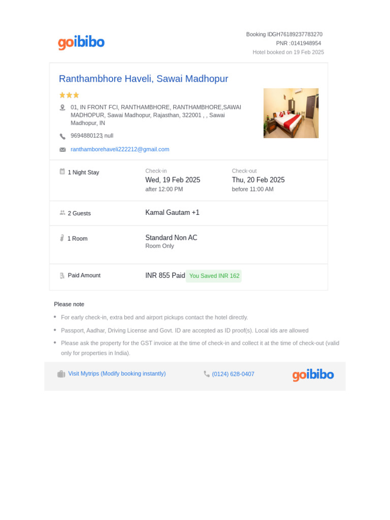 Hotel Booking Confirmation for Ranthambhore | PDF