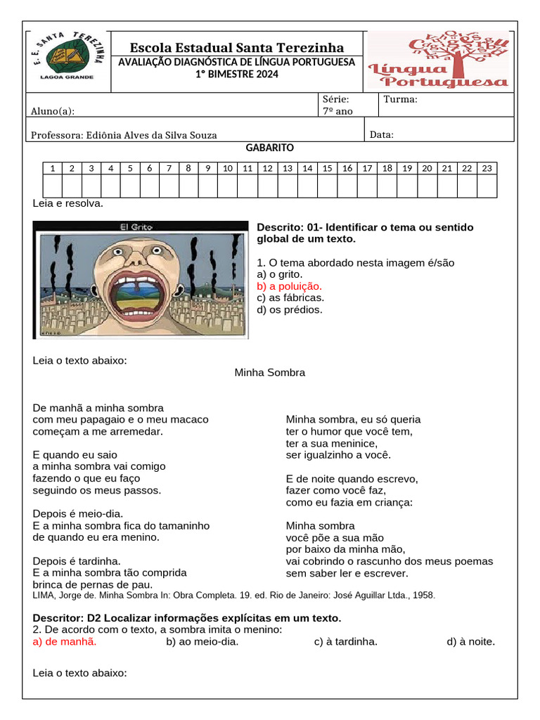7º Ano - Avaliação Diagnóstica de Língua Portuguesa 2024 - Gabarito ...