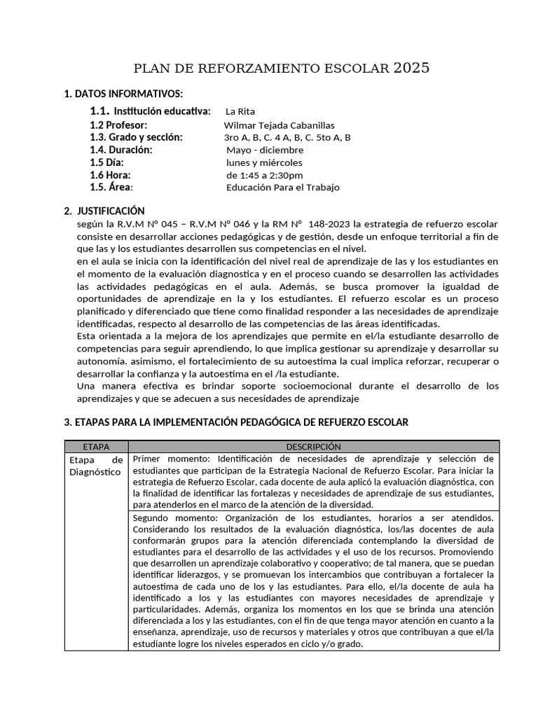 Plan de Refuerzo Escolar 2025 en La Rita | PDF | Evaluación | Aprendizaje
