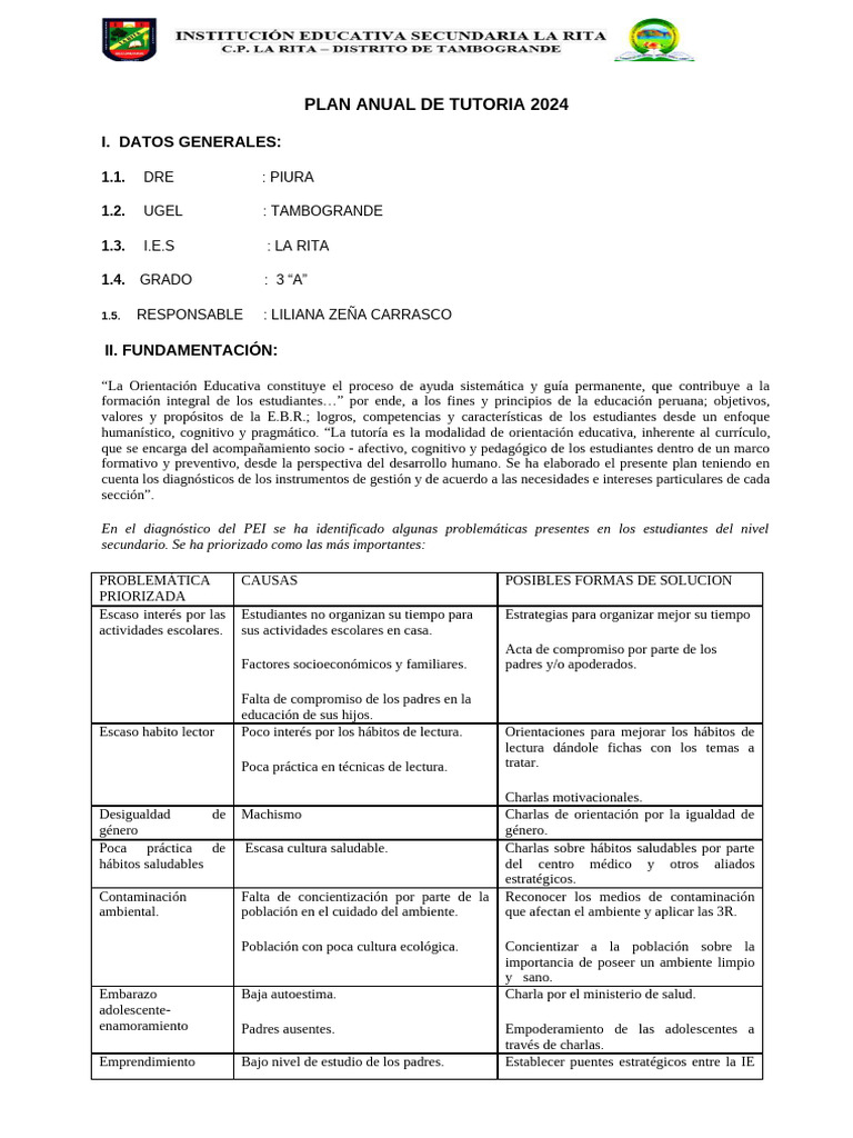 Plan - Anual - de - Tutoria - 3 A 2024 | PDF | Las emociones | Autoestima