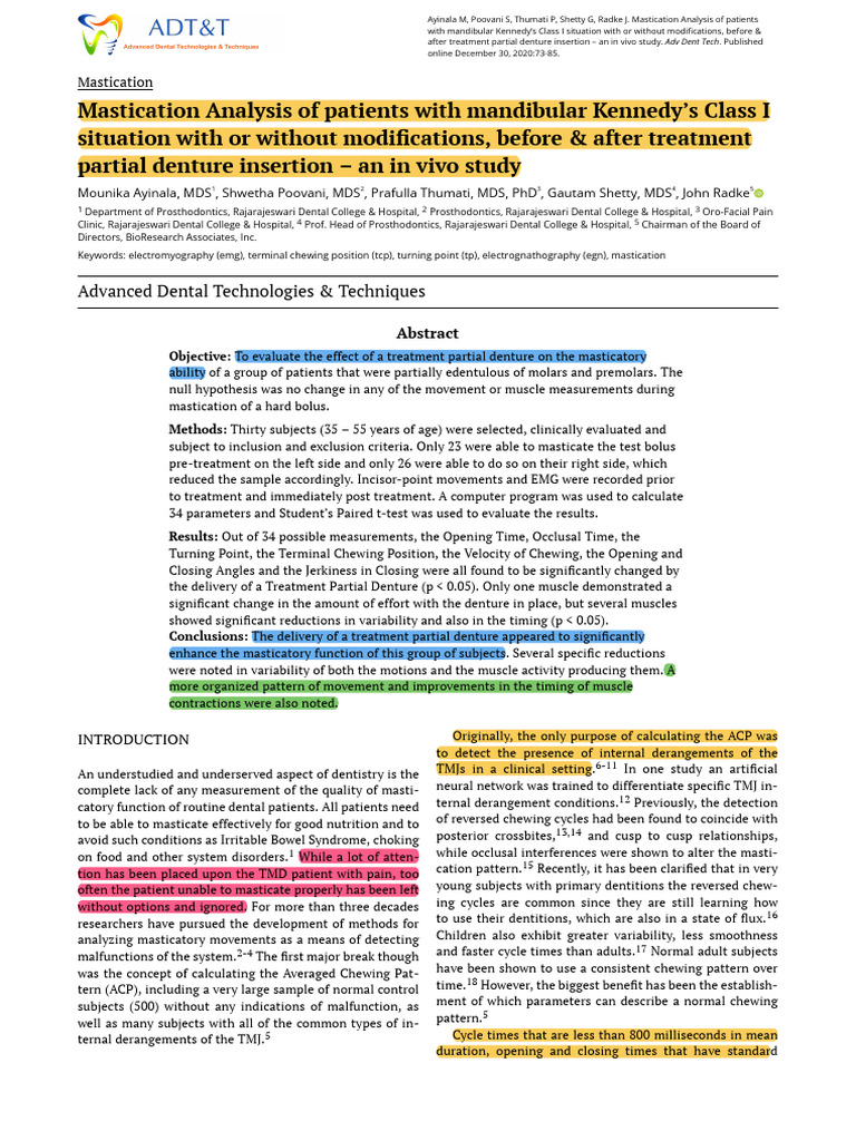 Mastication Analysis of Patients With Mandibular Kennedy S Class I ...