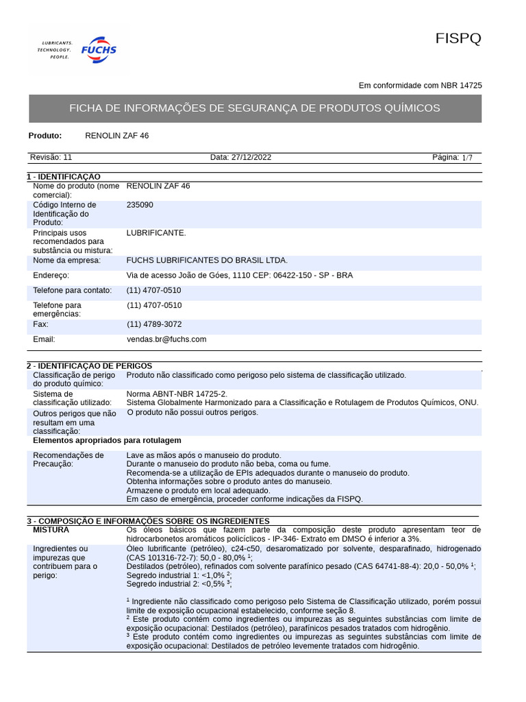 FISPQ RENOLIN ZAF 46: Segurança e Uso | PDF | Petróleo | Química