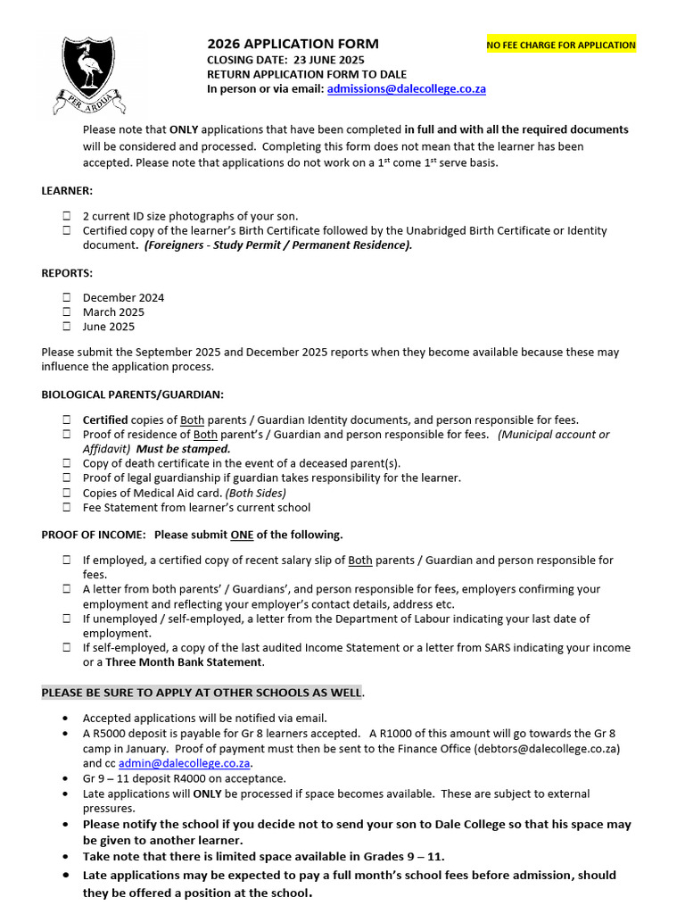 Dale College 2026 Application Form | PDF | Birth Certificate | Legal ...
