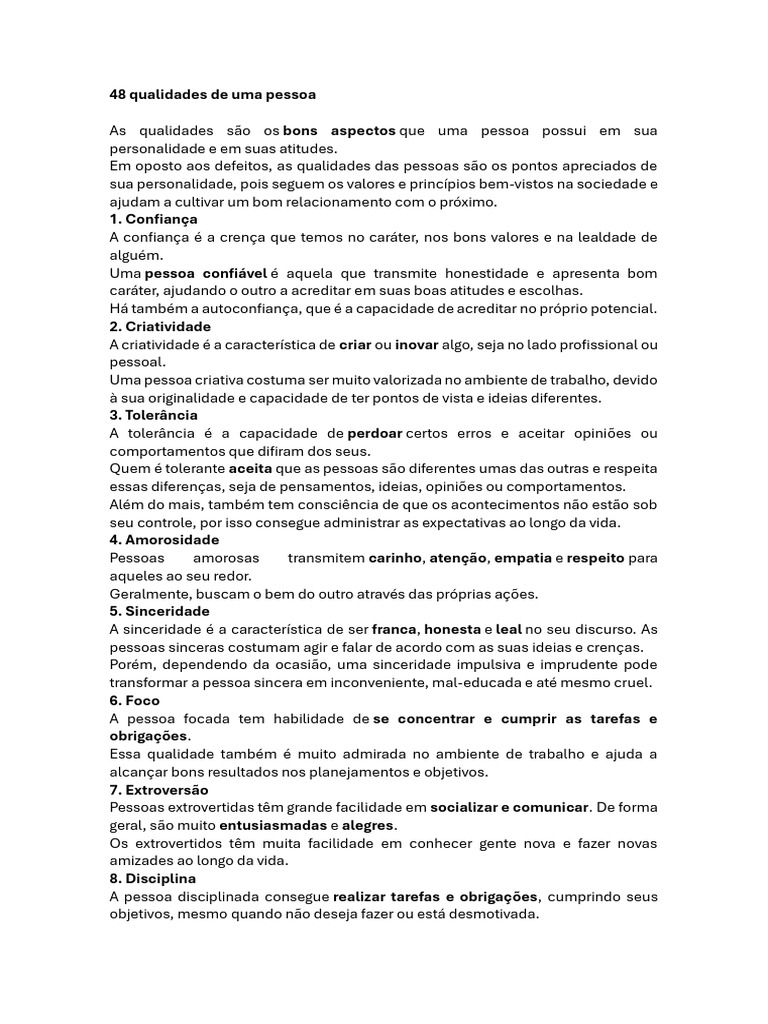 Qualidades de uma Pessoa: 48 Aspectos | PDF | Ciúmes | Empatia