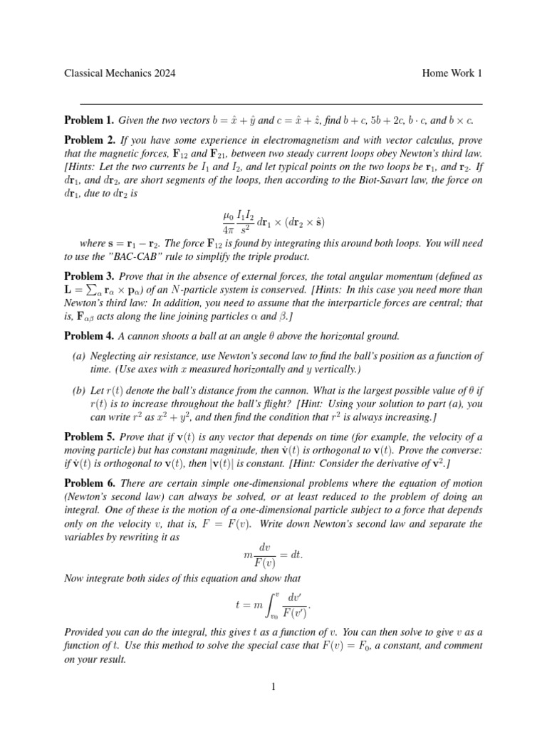 Classical Mechanics Homework Problems 2024 | PDF | Force | Newton's ...