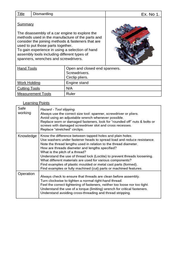 Car Engine Disassembly and Machining Techniques | PDF | Sheet Metal | Drill