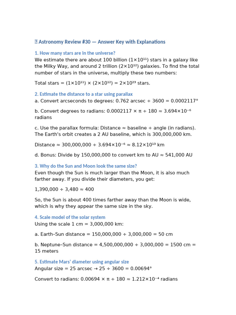 Astronomy Review 30 Answer Key With Explanations | PDF