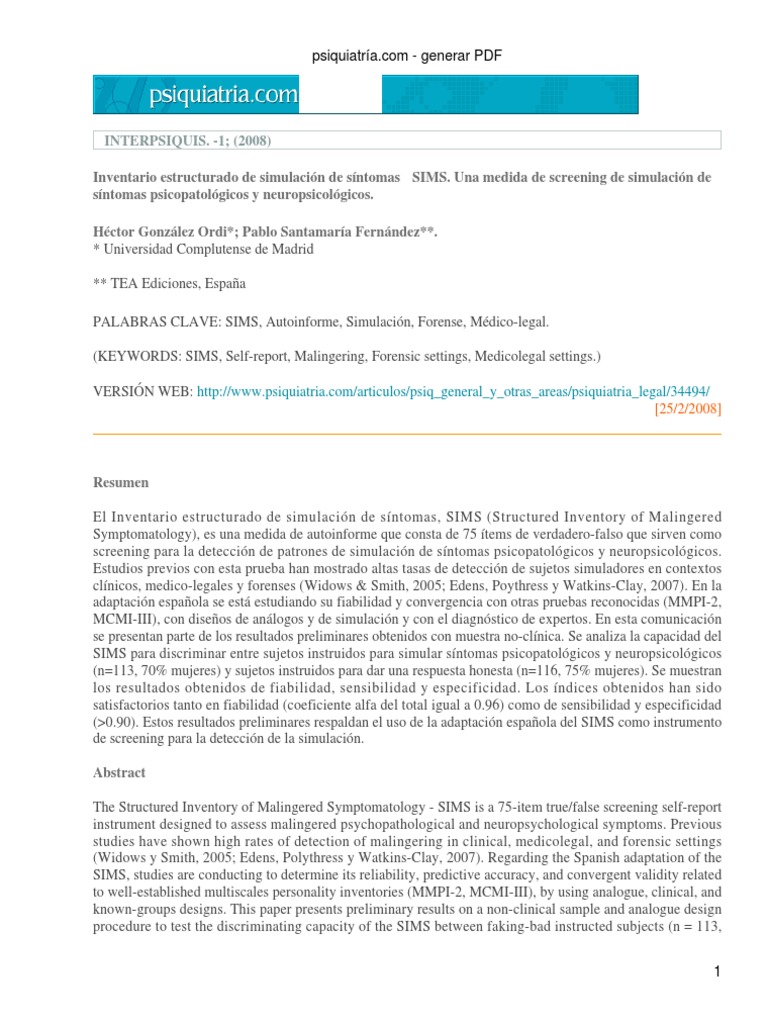 Inventario Estructurado de Simulación de Síntomas SIMS | PDF | Validez ...