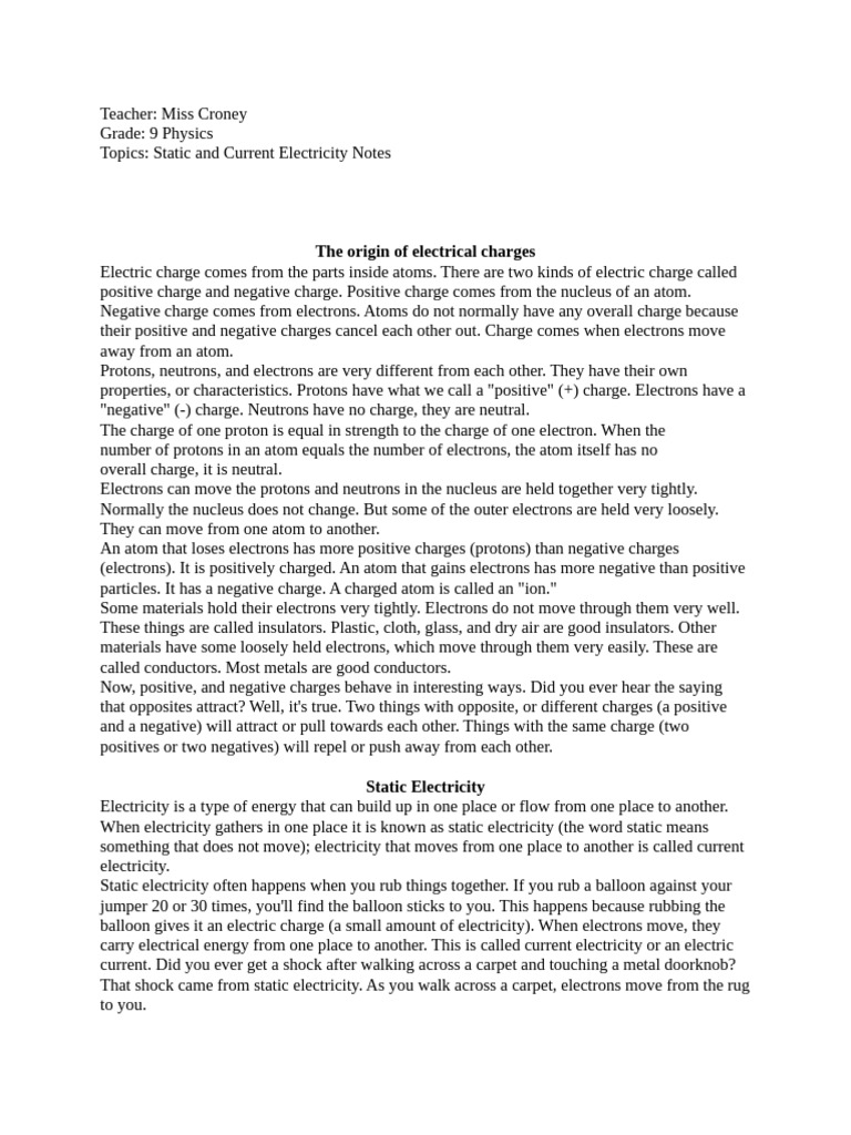 Electricity Notes PT 1 | PDF | Electric Charge | Atoms