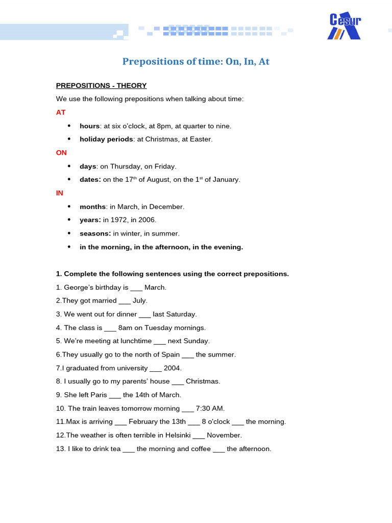 Prepositions of Time and Place Explained | PDF