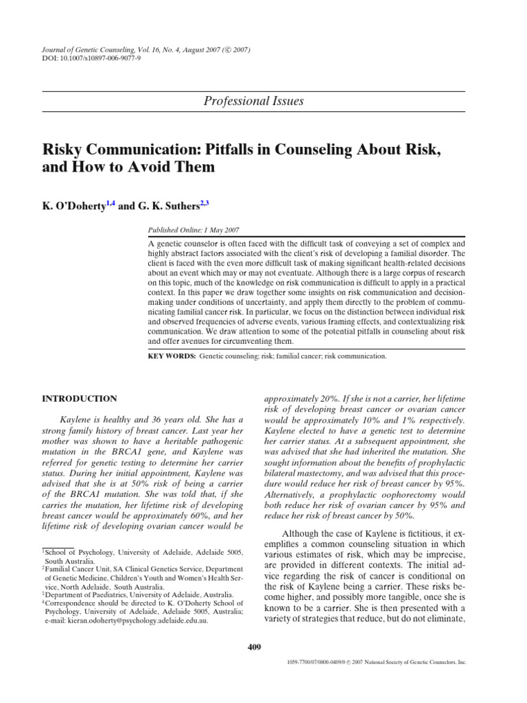 Journal of Genetic Counseling - 2007 - O'Doherty - Risky Communication ...