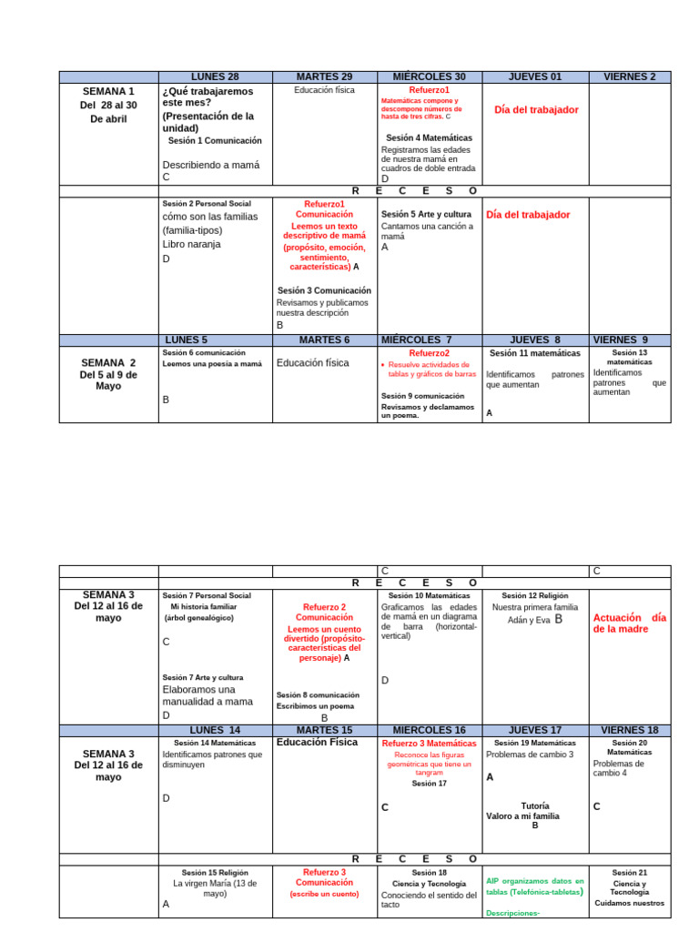 Plan de Clases para el Mes de Mayo | PDF