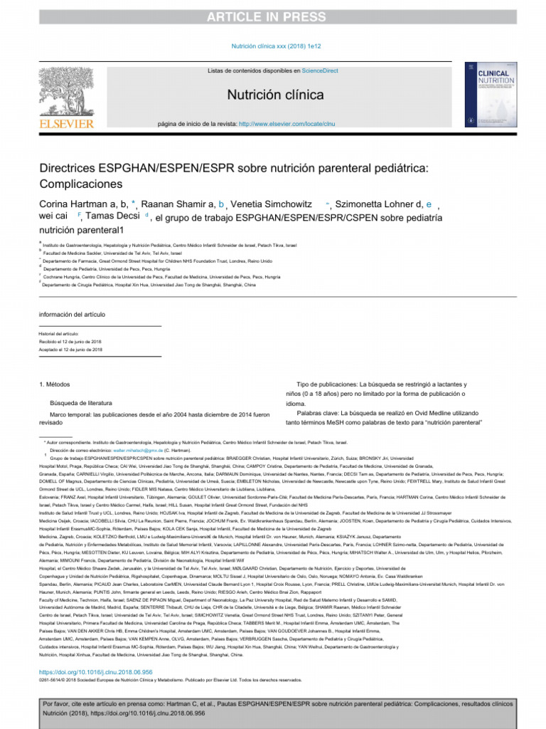ESPGHAN ESPEN ESPR Guidelines On Pediatric Parenteral Nutrition ...