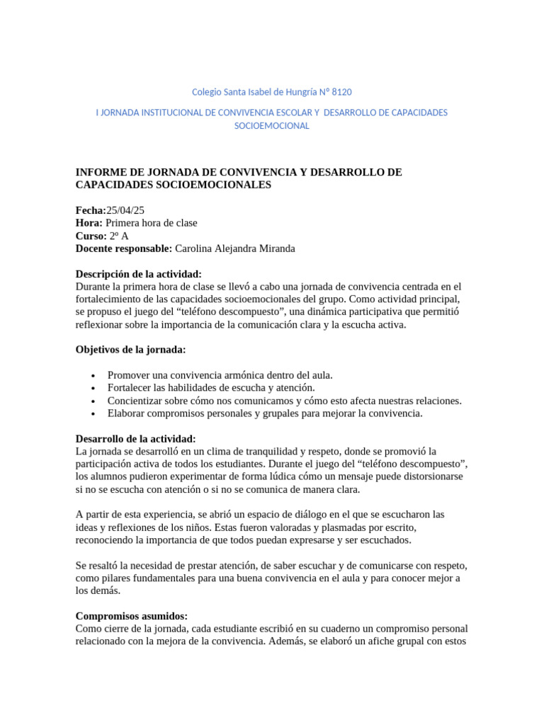 Jornada de Convivencia Escolar 2025 | PDF | Salón de clases | Aprendizaje